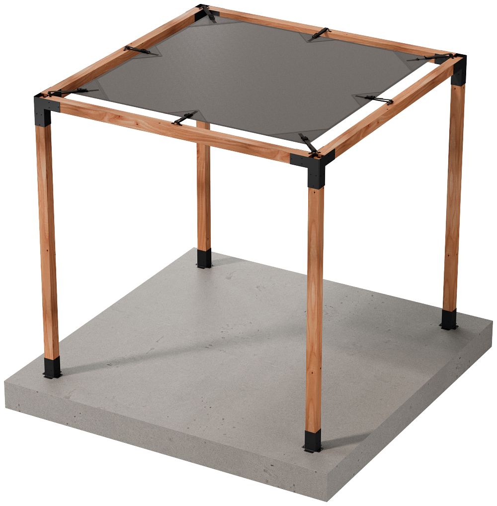 A square wooden pergola frame with four posts stands on a concrete slab, featuring a Sage Sunshade 8x8 in Gray from Simpson Strong-Tie® attached to the top for added UV protection.