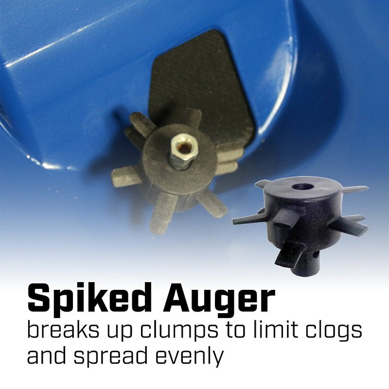 Spiked auger component with text on a blue background
