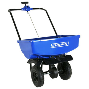 Blue lawn spreader with 'Chapin' branding on a white background