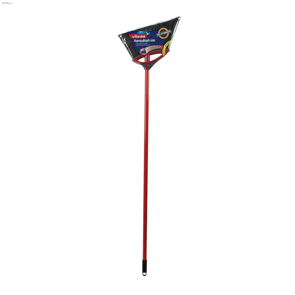 The 48" VILEDA Super Angle Broom features a red steel handle, wide black plastic bristles, and comes in blue and red VILEDA packaging attached to the angled brush head.