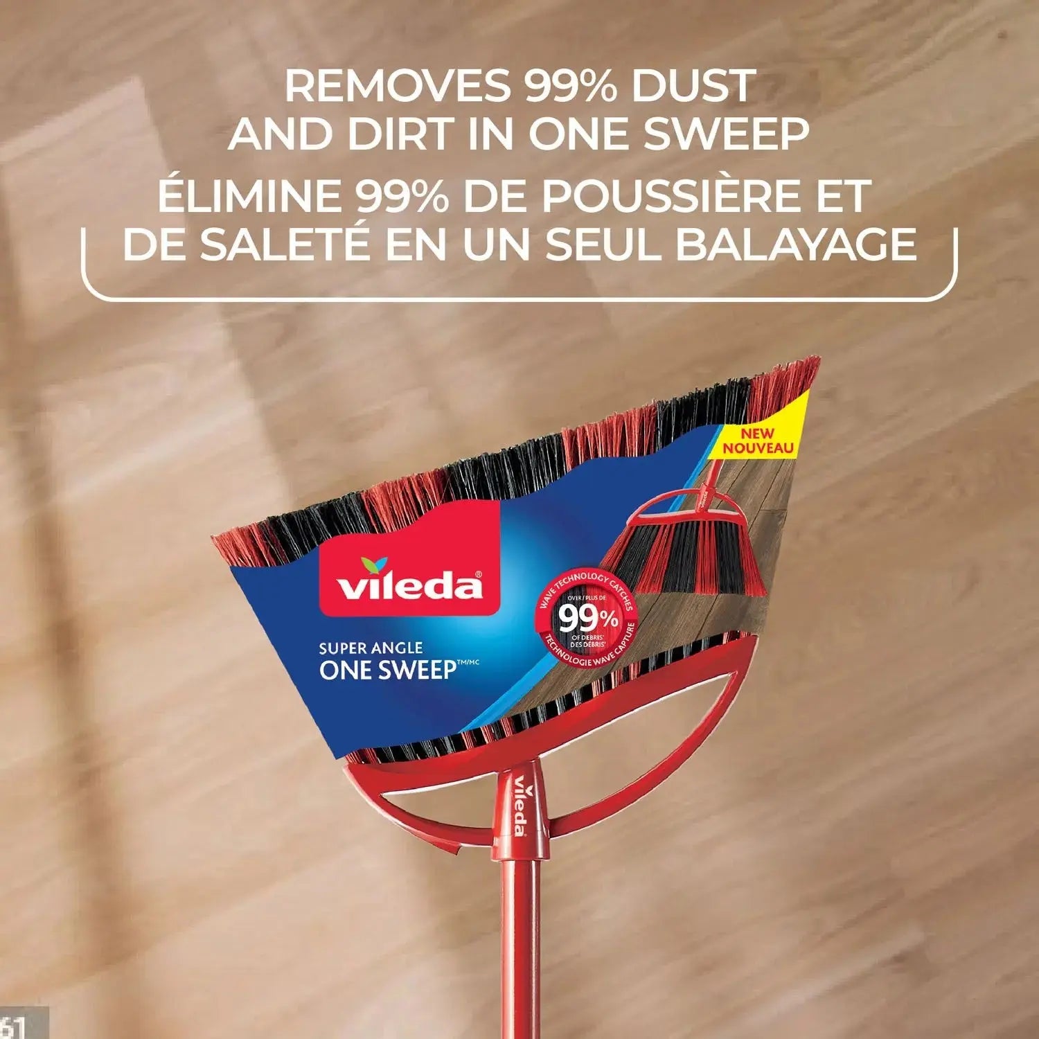 A VILEDA 48" Super Angle Broom with plastic bristles and a strong steel handle is shown on a wooden floor, its packaging in English and French boasting 99% dust and dirt removal in one sweep.