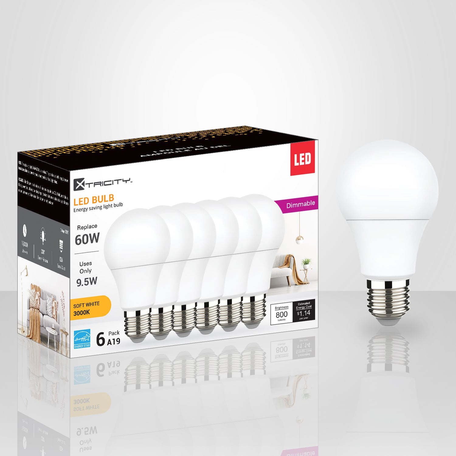Xtricity LED bulb packaging with a white LED bulb on a reflective surface