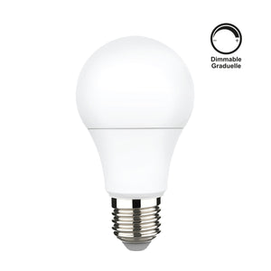 White LED light bulb with E27 base on a white background, featuring 'Dimmable Graduelle' text.
