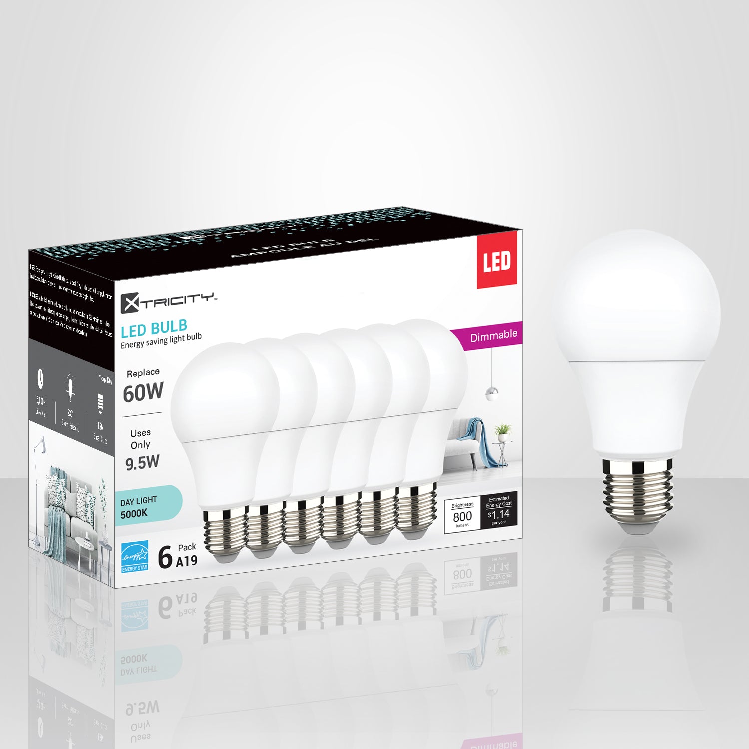 Dimmable LED Bulb A19 9.5W=60W, Daylight (6 Pack)