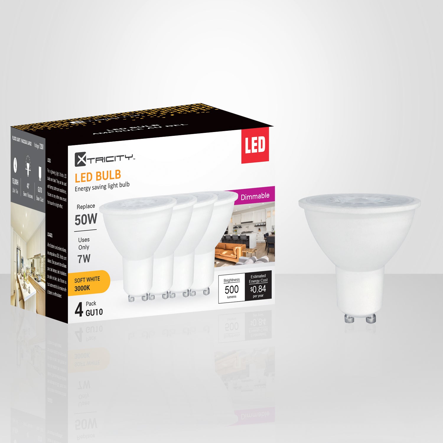 Dimmable LED Bulb GU10 7W=50W, Soft White (4 Pack)