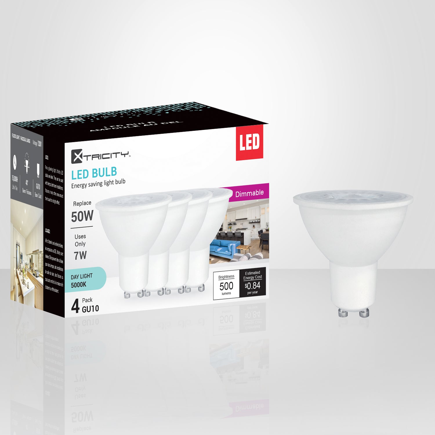 Dimmable LED Bulb GU10 7W=50W, Daylight (4 Pack)