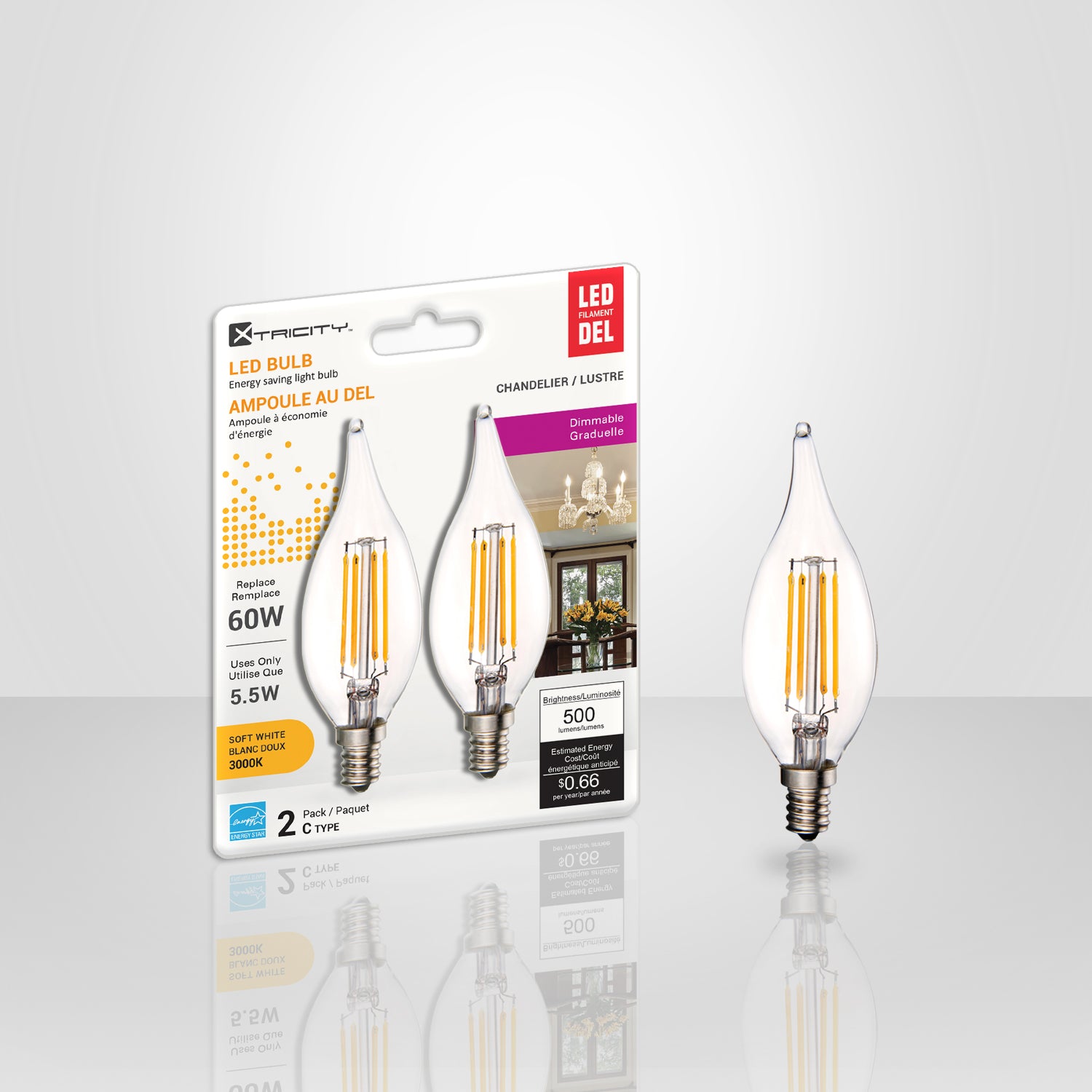 Dimmable LED Bulb E12 5.5W=60W, Filament (2 Pack)