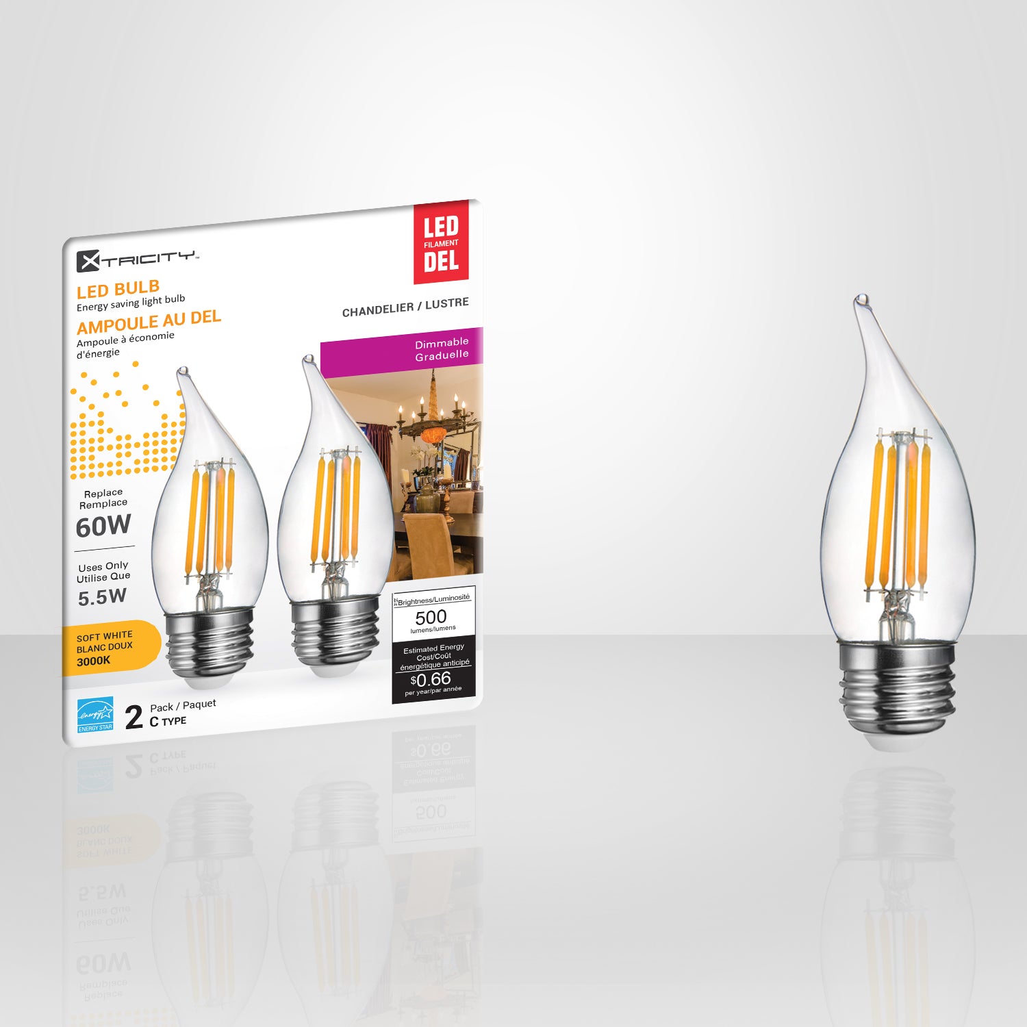 Dimmable LED Bulb E26 5.5W=60W, Filament (2 Pack)