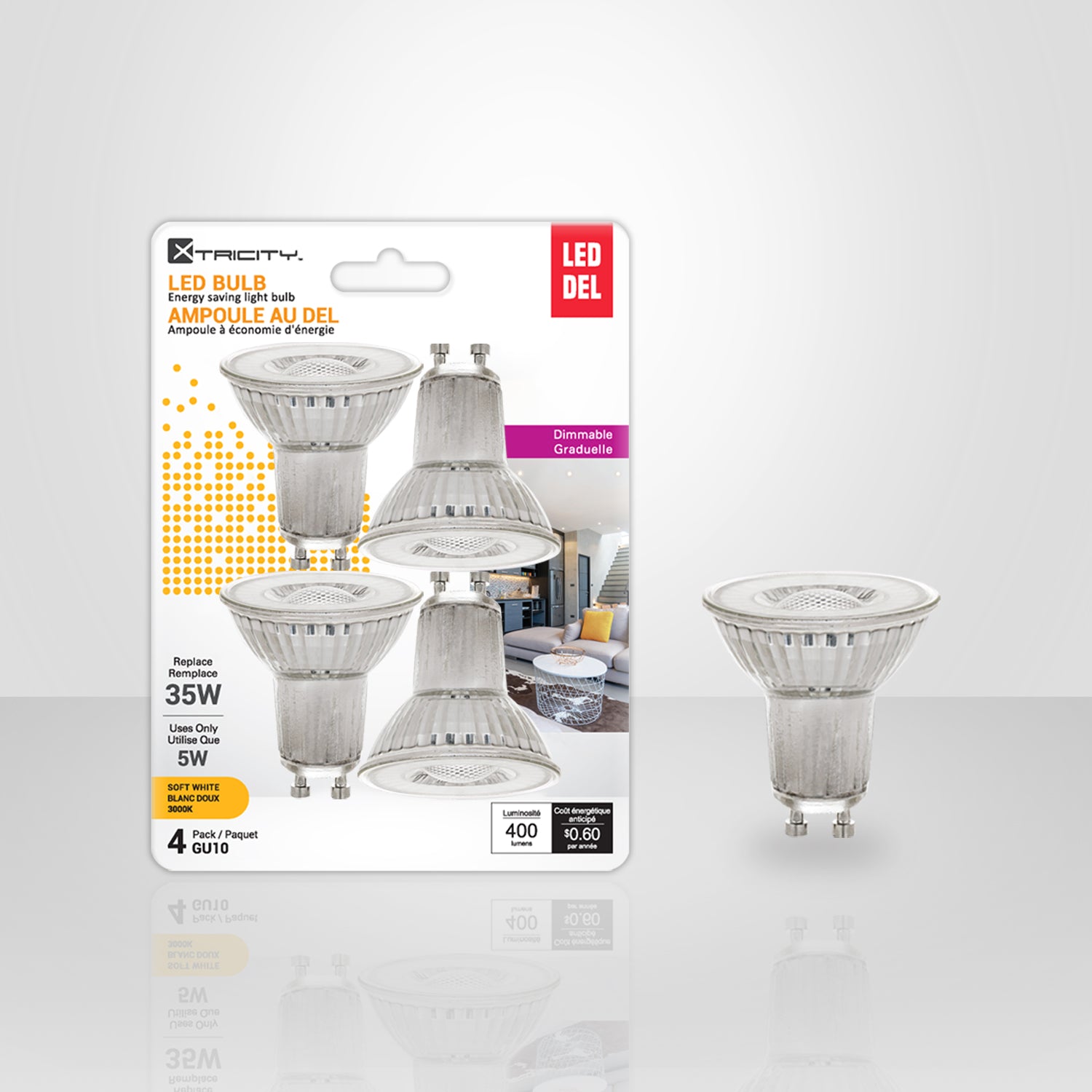 Dimmable LED Bulb GU10 5W=35W, Glass (4 Pack)