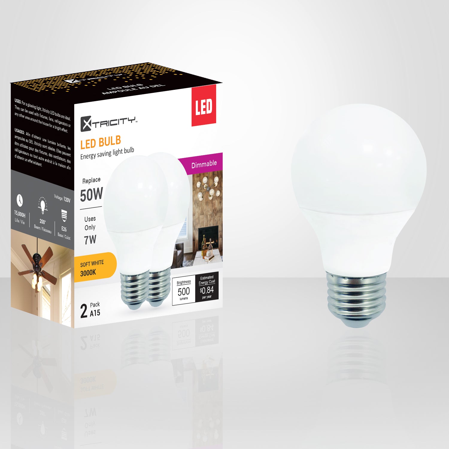 Dimmable LED Bulb A15 7W=50W, Soft White (2 Pack)