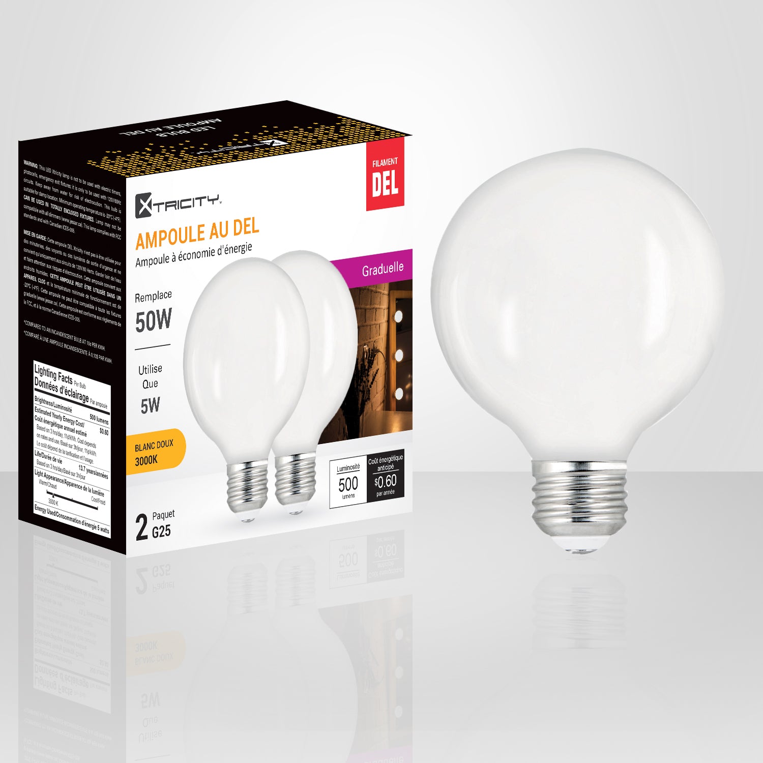 Dimmable LED Bulb G25 5W=50W, Soft White (2 Pack)