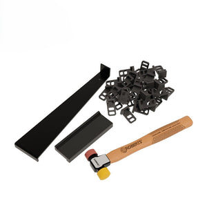 The Roberts Pro Flooring Installation Kit is a comprehensive set designed for both vinyl and laminate flooring installation, featuring a pull bar, tapping block, spacers, and a double-sided mallet with yellow and red heads—all displayed on a white background.
