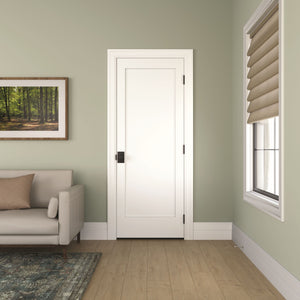 A minimalist living room with light green walls, a Jeld-Wen Madison 1-Panel Recessed Slab door with black hardware, a beige sofa and pillow, framed nature photo, window with beige Roman shade, and light wood flooring.