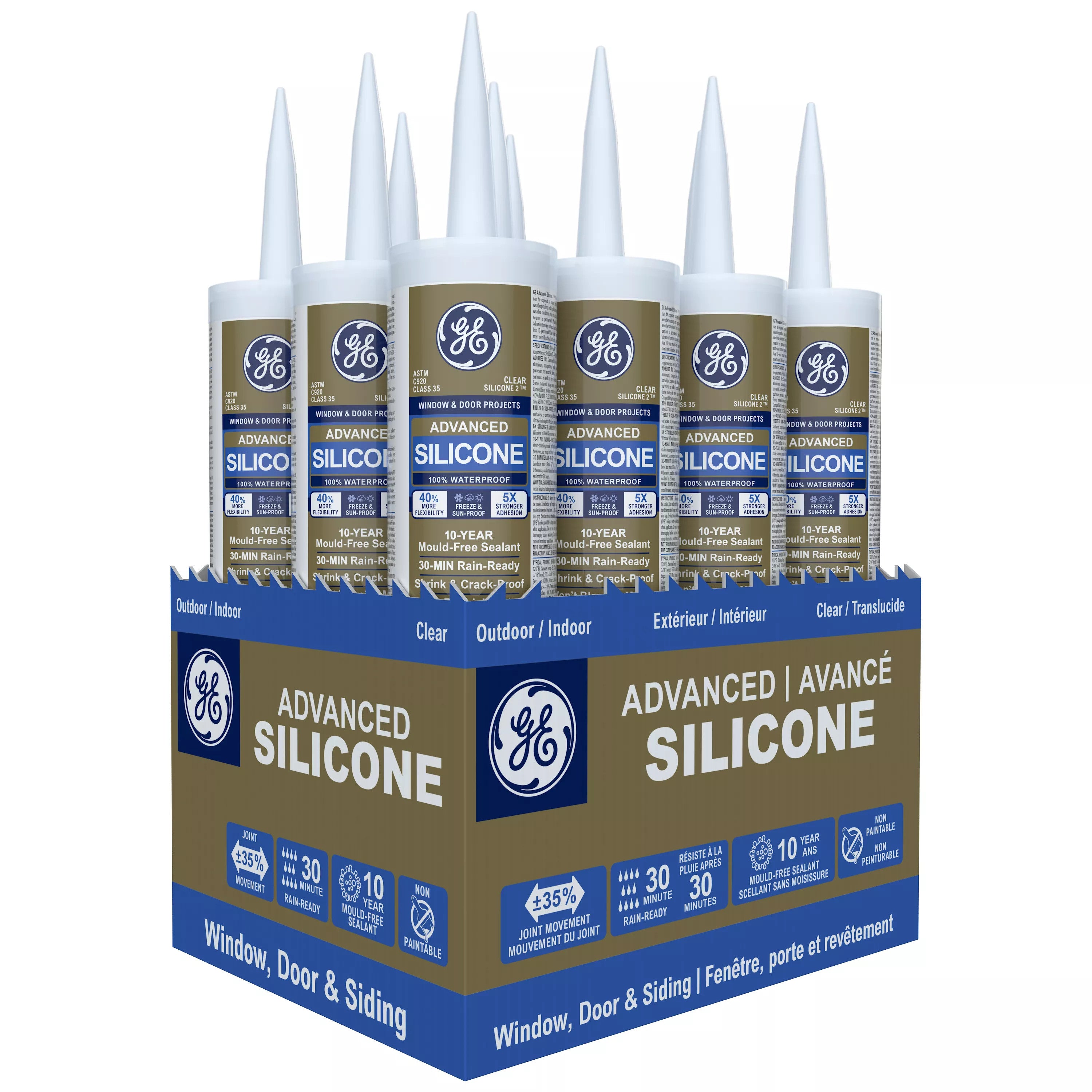 Box of GE Advanced Silicone sealant cartridges on a white background