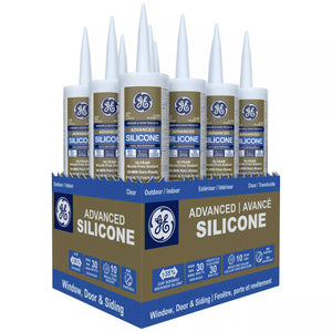Box of GE Advanced Silicone sealant cartridges on a white background