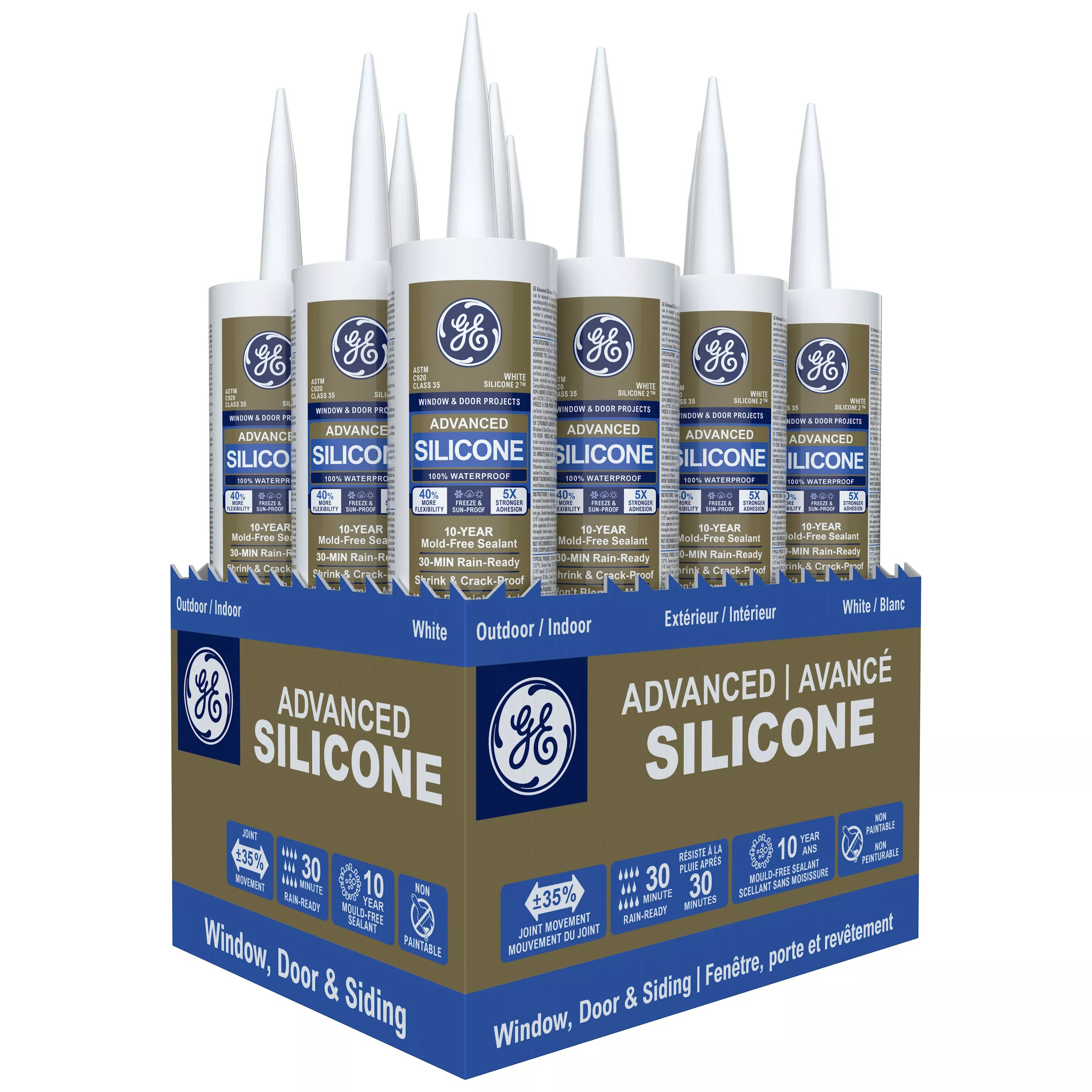 Box of GE Advanced Silicone sealant cartridges on a white background