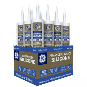 Box of GE Advanced Silicone sealant cartridges on a white background