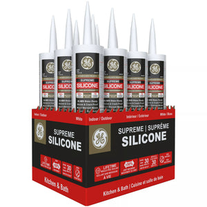 Box of GE Supreme Silicone sealant with multiple tubes on a white background