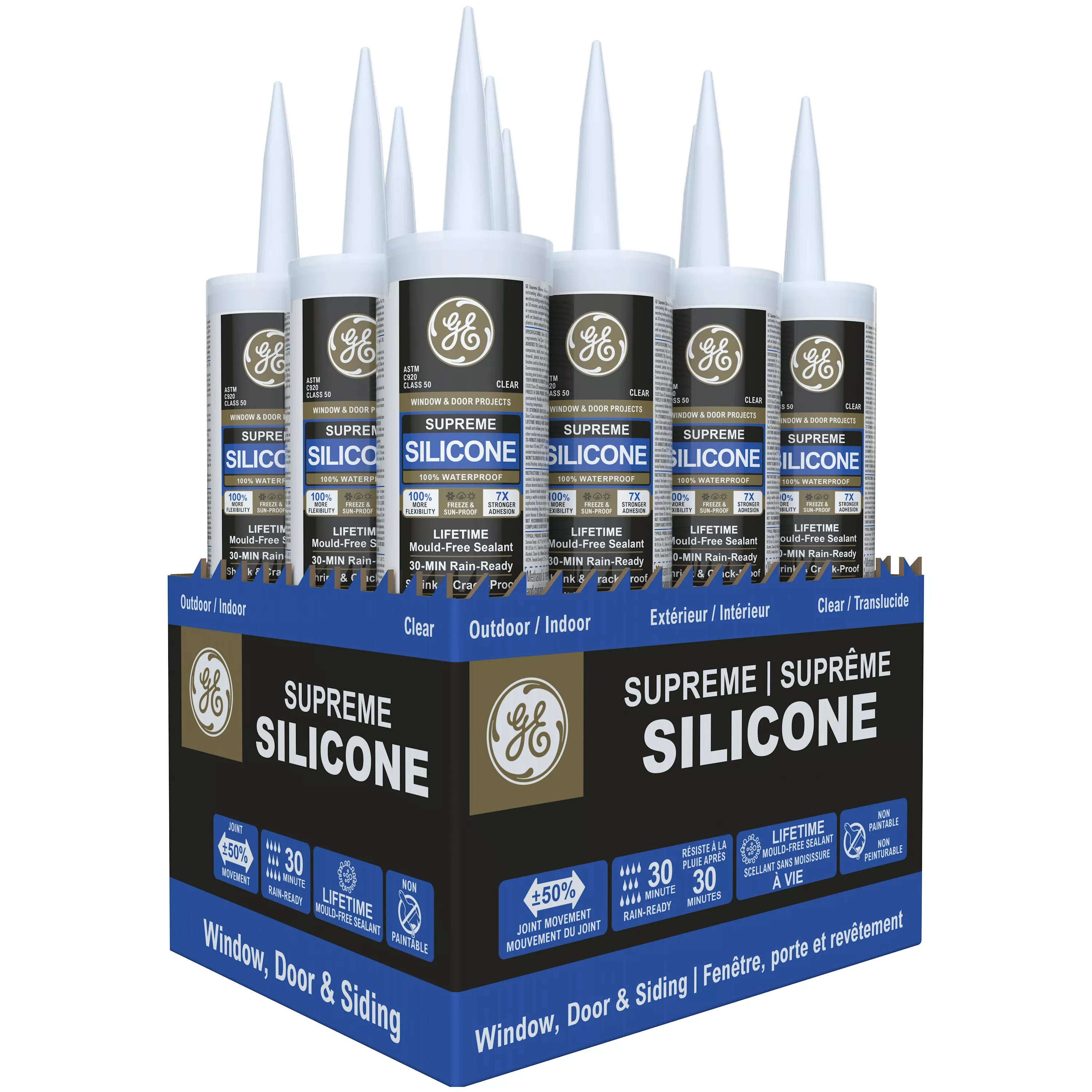 Box of GE Supreme Silicone sealant cartridges on a white background