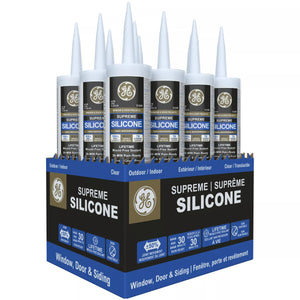 Box of GE Supreme Silicone sealant cartridges on a white background