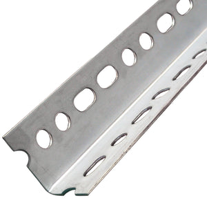 Hillman 1-1/4″ x 1-1/4″ x 48″ Zinc Plated Steel Angle, a heavy-duty, pre-slotted steel bar with a metallic finish.