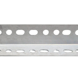 A 1-1/2″ x 48″ Zinc Plated Steel Angle L-shaped metal bar featuring a zinc-plated finish and a row of alternating circular and elongated holes along both sides.