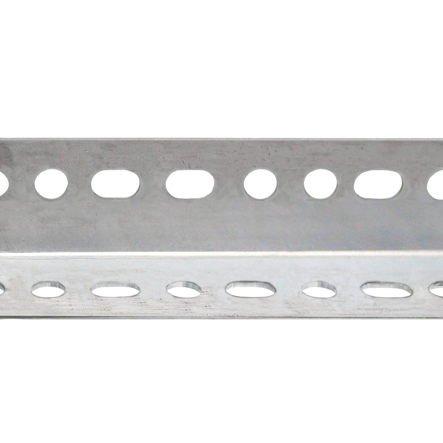 A Hillman 1-1/4″ x 1-1/4 x 48″ Zinc Plated Steel Angle, featuring a heavy-duty L-shaped design with rows of circular and oval-shaped punched holes along both sides.
