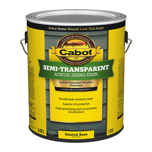 Image shows a 3.43L can of Cabot Semi-Transparent Acrylic Siding Stain in a yellow and green design. The label highlights lightly pigmented weather protection with superior UV defense, fade-resistant colour, and deep wood texture penetration. It is labeled "Neutral Base" and must be tinted.