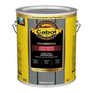 Image shows a 3.78L can of Cabot Heat-Reducing Solid Colour Stain + Sealer in Hampton Grey. The label emphasizes "Cool Feel Technology" to reduce surface temperature and promote UV protection, maximum fade resistance, and weather durability.