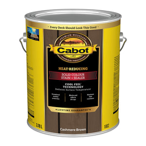 Image shows a 3.78L can of Cabot Heat-Reducing Solid Colour Stain + Sealer in Cashmere Brown. Features include heat-reducing technology, UV ray blocking, fade resistance, and exceptional weather protection.