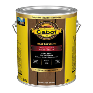 Image shows a 3.78L can of Cabot Heat-Reducing Solid Colour Stain + Sealer in Cashmere Brown. Features include heat-reducing technology, UV ray blocking, fade resistance, and exceptional weather protection.