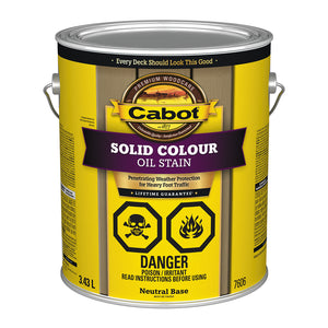 Image shows a 3.43L can of Cabot Solid Colour Oil Stain in Neutral Base. It emphasizes deep penetration and durability for weather and foot traffic, with strong warning labels for hazardous contents.