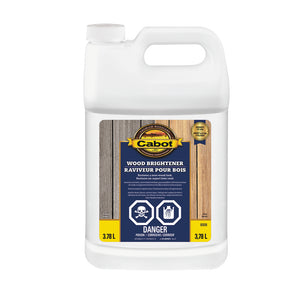 Image shows a 3.78L plastic container of Cabot Wood Brightener. The label promotes restoration of wood appearance by removing dirt, rust stains, and tannin bleed. Includes warnings for corrosiveness and poisoning.
