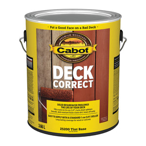 Image shows a 3.66L can of Cabot Deck Correct in a tint base. It features the slogan “Put a Good Face on a Bad Deck” and claims to fill cracks and resurface aged decks with a textured, skid-resistant finish.