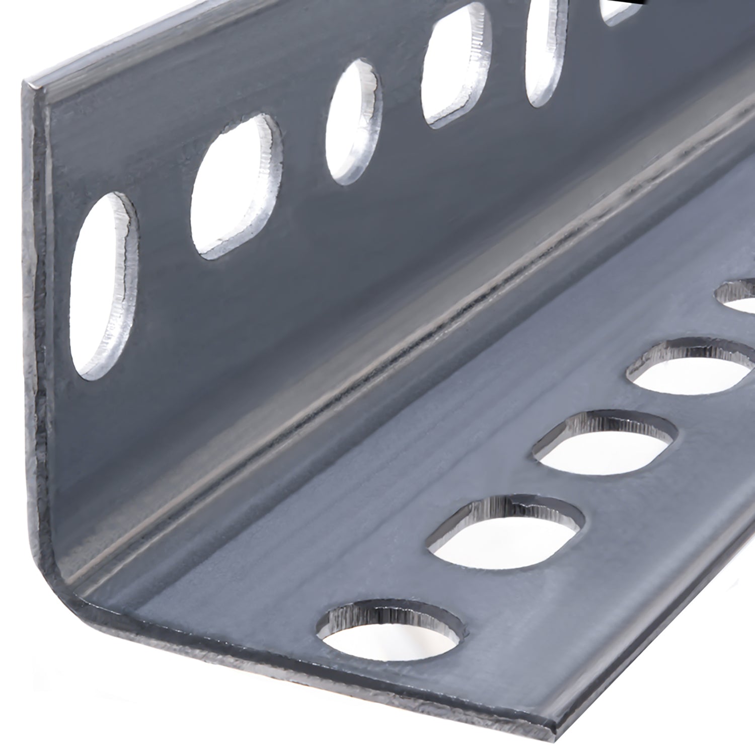 A 1-1/2″ x 72″ Hillman Steel Slotted Angle, Galvanized, featuring a length of heavy-duty angled profile with evenly spaced oblong slots along both sides.
