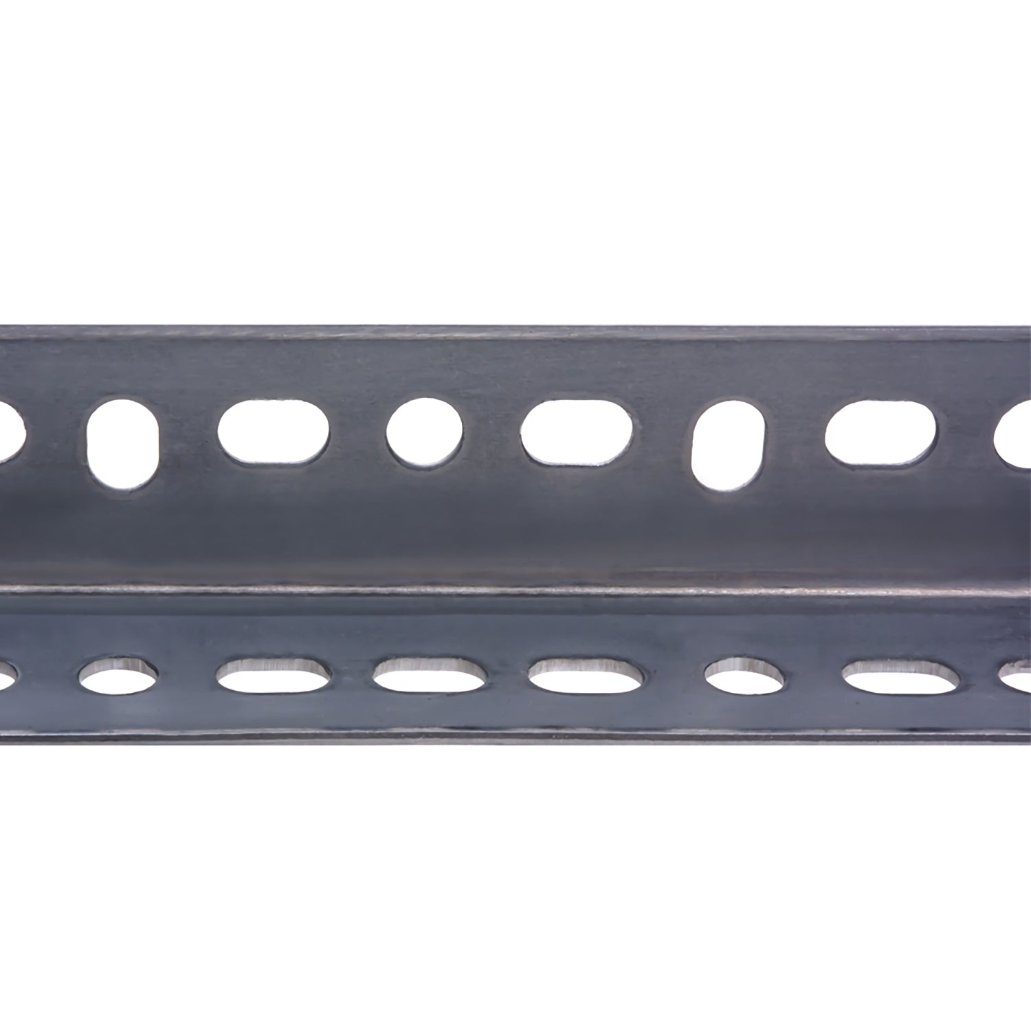 1-1/2″ x 72″ Hillman Steel Slotted Angle, Galvanized, featuring a heavy-duty steel angle bar with a repeating pattern of circular and oblong slots along both sides.