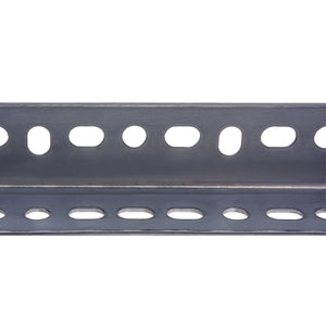 1-1/2″ x 72″ Hillman Steel Slotted Angle, Galvanized, featuring a heavy-duty steel angle bar with a repeating pattern of circular and oblong slots along both sides.