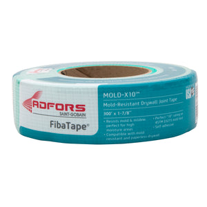 A 300' x 1-7/8" roll of Saint-Gobain Adfors FIBATAPE® Ultra Thin Mould-X10™ Mould Resistant Drywall Tape, self-adhesive and ASTM D3273 compliant, comes in blue and white packaging.