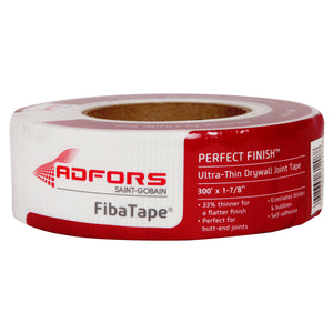 A 300-ft roll of Saint-Gobain Adfors FIBATAPE® Ultra Thin Drywall Tape, 1-7/8" wide, in white, comes in red and white packaging with product features and branding displayed.