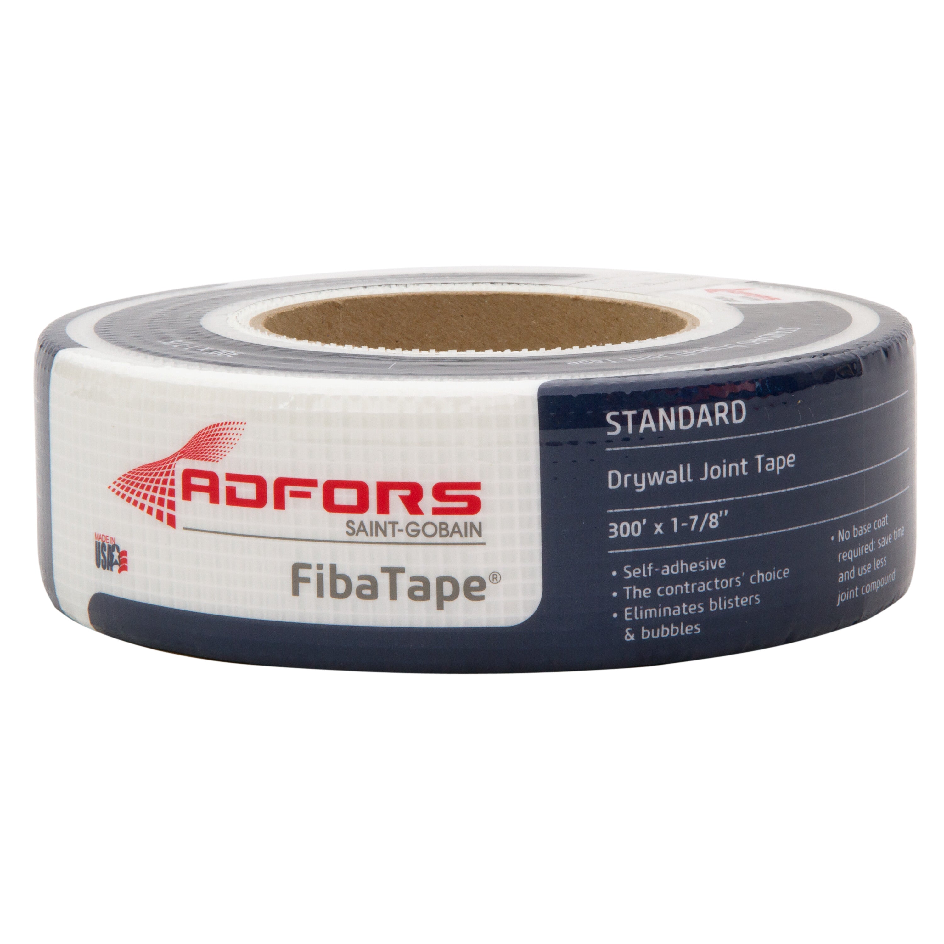 A 48mm x 300' Saint-Gobain ADFORS FibaTape Joint Tape in white features self-adhesive fiberglass mesh for drywall repair, packaged mostly in white and blue with product details on the side.