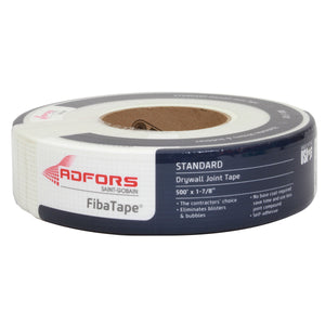 A 48mm x 500' Saint-Gobain ADFORS FibaTape Joint Tape in white features self-adhesive, bubble-eliminating properties and product info on the label for effective drywall repairs.