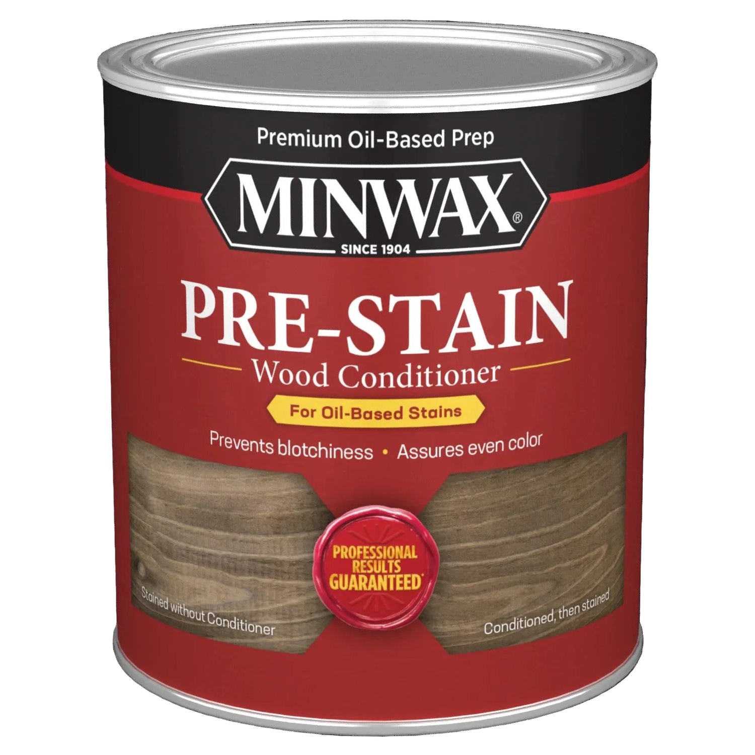 A 236 mL can of Minwax® Pre-Stain Wood Conditioner, Clear, is specially formulated for use before applying an oil-based wood stain. The distinctive red and black packaging emphasizes features such as preventing blotchiness and ensuring even color, with a “Professional Results Guaranteed” badge—making it the ideal choice from Minwax® for achieving flawless wood finishes.