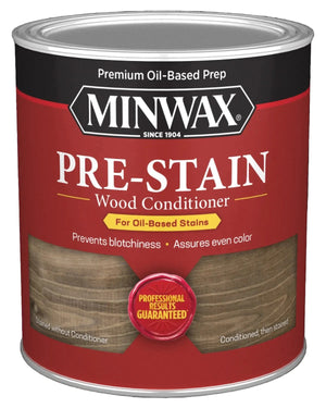 A 236 mL can of Minwax® Pre-Stain Wood Conditioner, Clear, is specially formulated for use before applying an oil-based wood stain. The distinctive red and black packaging emphasizes features such as preventing blotchiness and ensuring even color, with a “Professional Results Guaranteed” badge—making it the ideal choice from Minwax® for achieving flawless wood finishes.