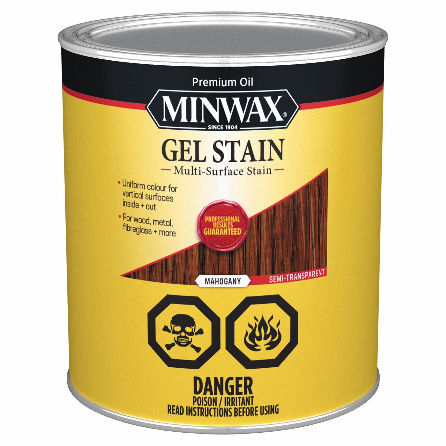 A yellow can of Minwax Gel Stain, Mahogany 946ml, featuring safety warning icons and a red seal stating Professional Results Guaranteed.