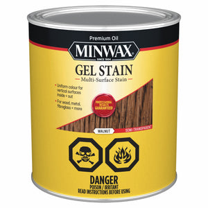 A can of Minwax Gel Stain, Walnut 946ml sits next to a walnut wood grain swatch, with text detailing its use on wood, metal, and fiberglass, and warning labels for danger.