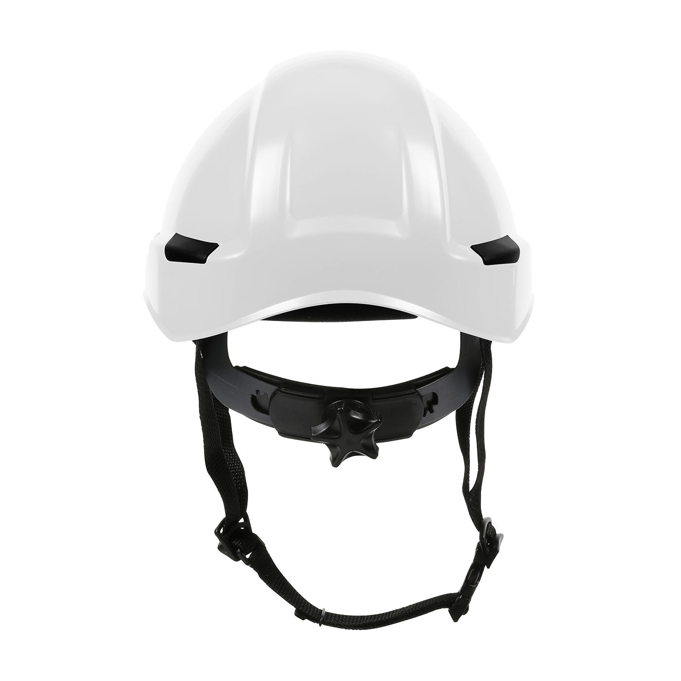 The BUNZL SAFETY Dynamic Safety Rocky Hard Hat 4PT Ratchet Suspension in white features a black adjustable chin strap and headband, shown from the front on a white background.