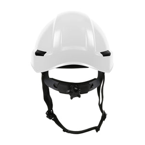 The BUNZL SAFETY Dynamic Safety Rocky Hard Hat 4PT Ratchet Suspension in white features a black adjustable chin strap and headband, shown from the front on a white background.