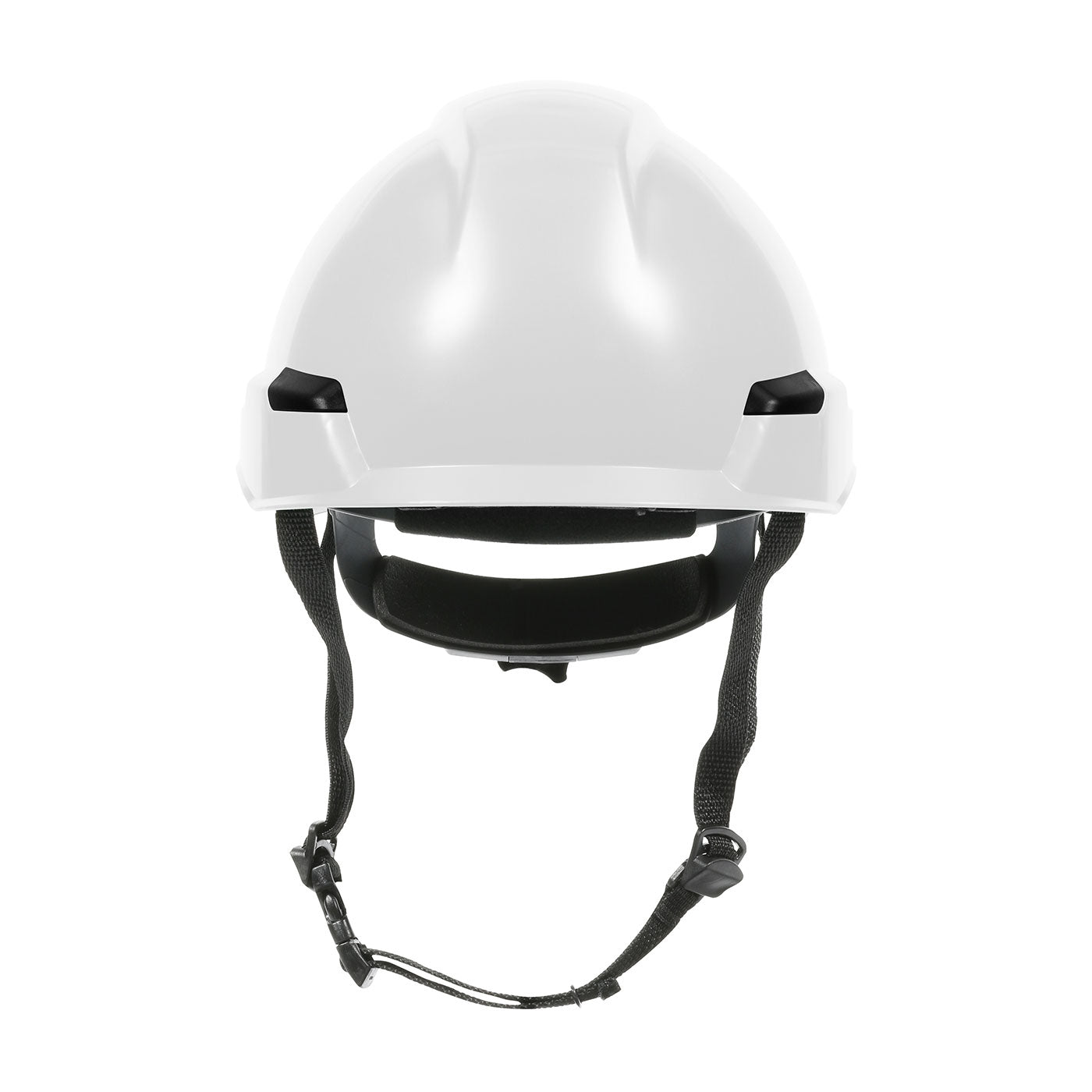 The BUNZL SAFETY Dynamic Safety Rocky Hard Hat 4PT Ratchet Suspension in white features black adjustable straps and a chin buckle, displayed front-facing against a plain white background.