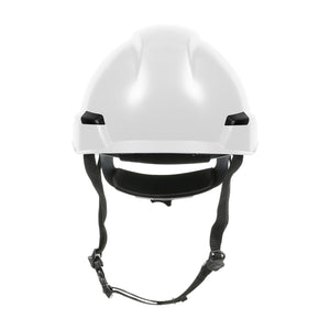 The BUNZL SAFETY Dynamic Safety Rocky Hard Hat 4PT Ratchet Suspension in white features black adjustable straps and a chin buckle, displayed front-facing against a plain white background.