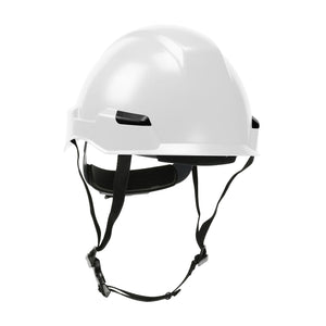 The BUNZL SAFETY Dynamic Safety Rocky Hard Hat with 4-point ratchet suspension in white is shown against a plain background, designed for head protection.